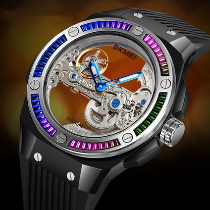 Sophisticated mechanical automatic wrist watch with hollow movement, showcasing intricate British design and craftsmanship
