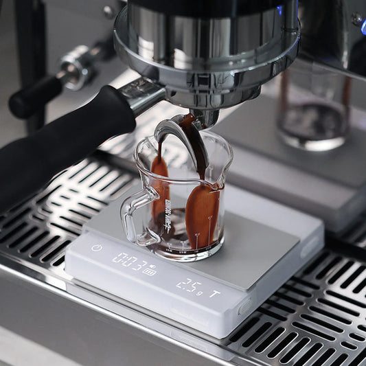Precision Digital Coffee Scale with sleek white design and accurate 0.1g measurements for perfect coffee brewing