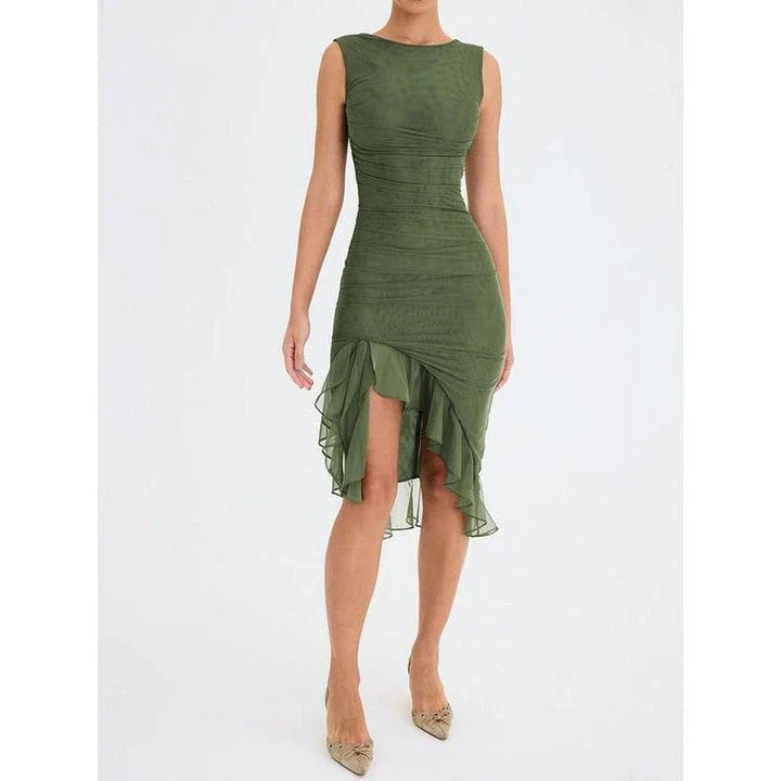 Elegant backless midi dress with ruffled tiers and sleeveless design, perfect for British women's fashion