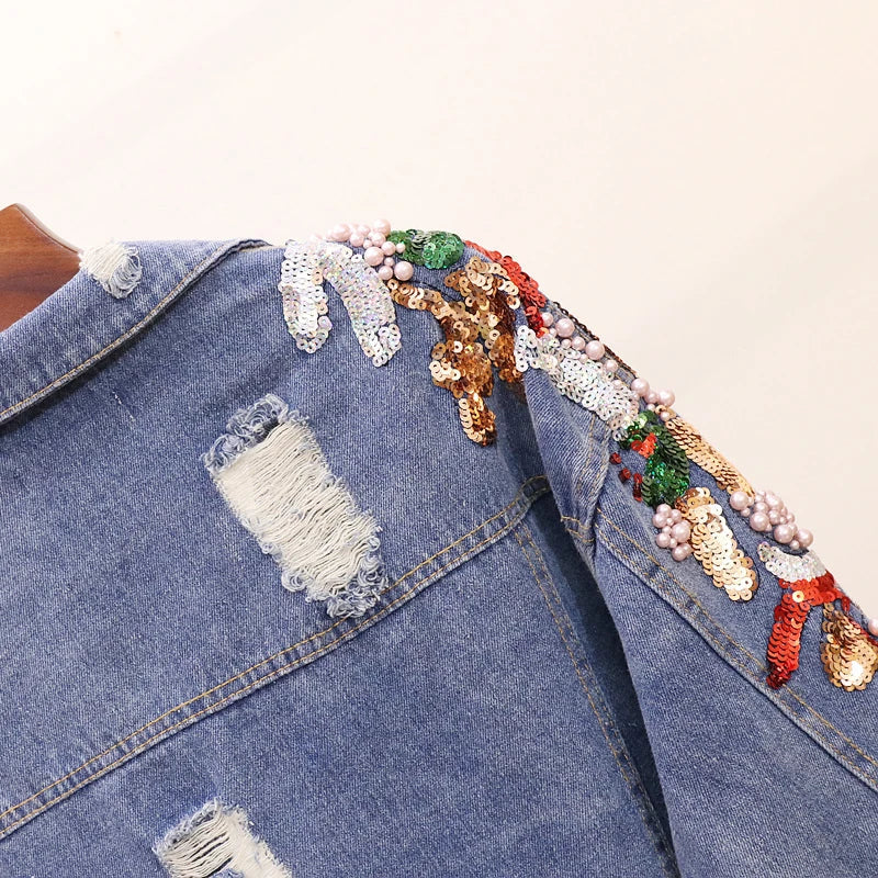 Premium embroidered denim jacket with slimming beaded sequins in a relaxed, flattering fit