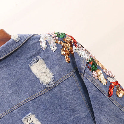 Premium embroidered denim jacket with slimming beaded sequins in a relaxed, flattering fit