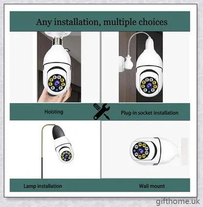 5G Wi-Fi smart home surveillance bulb camera with 360-degree coverage, night vision, and remote monitoring capabilities