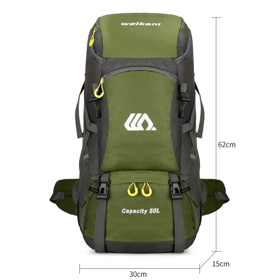 Premium 50L waterproof backpack with hydration system, shoe compartment, and reflective safety features for outdoor adventures