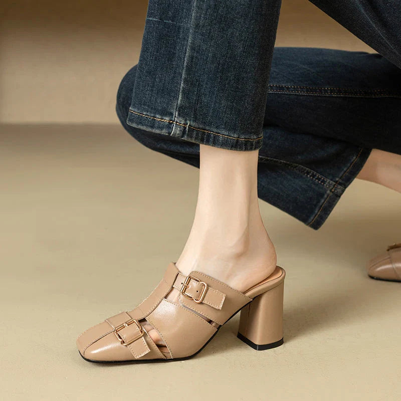 Exquisite embroidered leather high heel slippers in khaki colour, showcasing intricate detailing and a stable square heel design for stylish summer wear