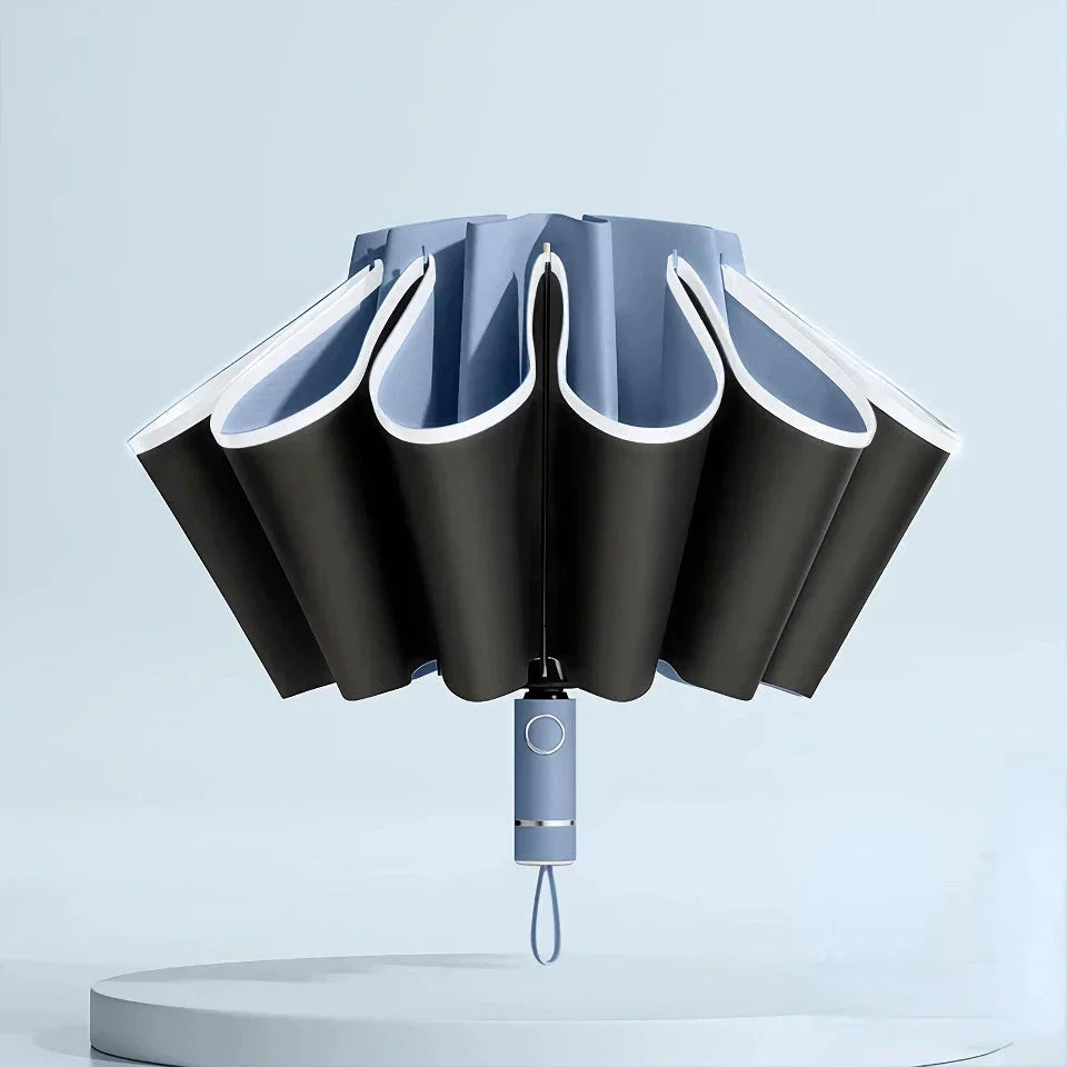 Premium auto-open reverse folding umbrella with reflective safety strip for all-weather protection