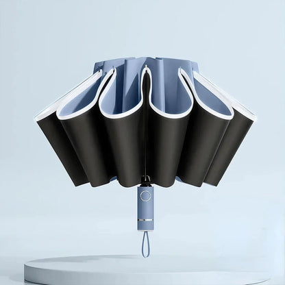 Premium auto-open reverse folding umbrella with reflective safety strip for all-weather protection