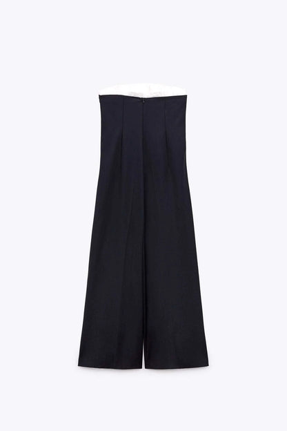 Trendha Contrast Stitching Tube Top Jumpsuit in Sea Blue, featuring raglan sleeves, wide legs, and a shawl neckline design