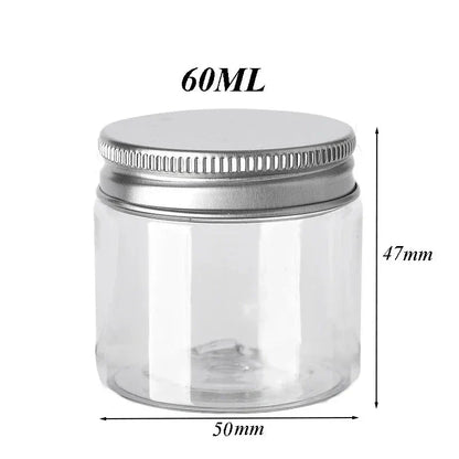 Premium 10-piece set of clear plastic storage jars with aluminium lids for organising cosmetics, food, and household items