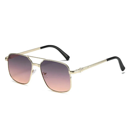 Trendy metal square frame sunglasses with vibrant yellow lenses and red gradient for a bold, modern look