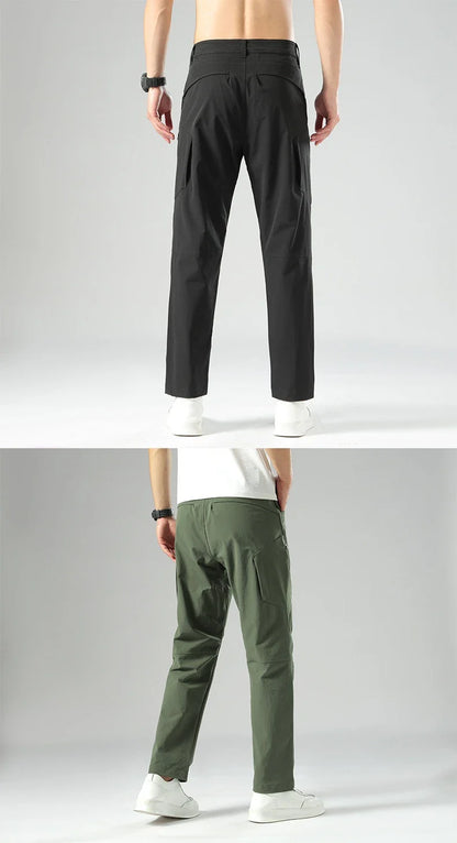 Weatherproof outdoor trousers for men in black, gray, and green colours with adjustable waistband and reinforced panels