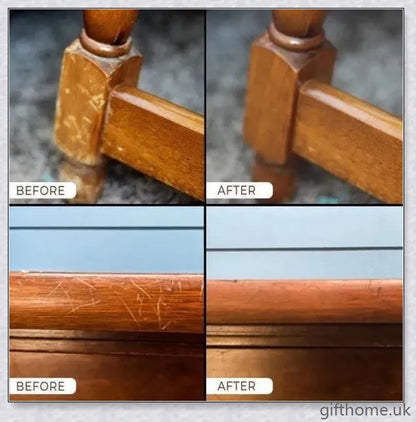 A bottle of premium wood scratch repair spray with a light and dark colour option for blending seamlessly with various wood tones.