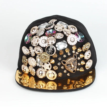 A black baseball cap with a striking skull and leopard print design, featuring adjustable snapback closure for a customized fit.