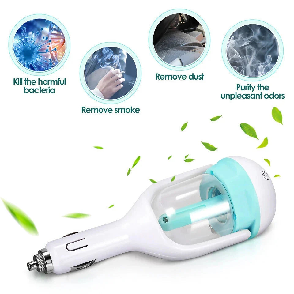 Compact mini car steam humidifier and aroma diffuser with pink colour, designed to improve air quality and promote relaxation in your vehicle