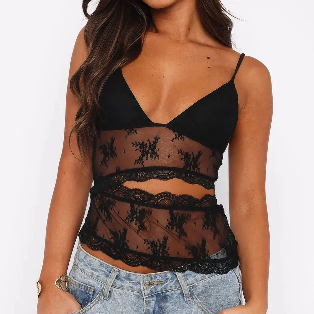 Stylish floral lace camisole top with spaghetti straps and backless design for fashion-forward summer looks