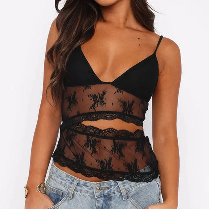 Stylish floral lace camisole top with spaghetti straps and backless design for fashion-forward summer looks