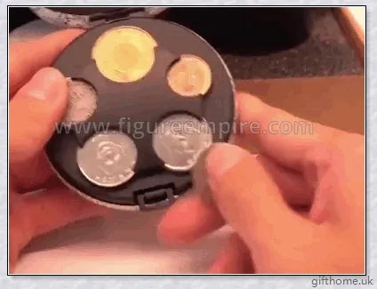 Compact and durable pocket coin dispenser with seven slots for organising Euros, Dollars and other coins