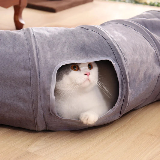 Grey foldable cat play tunnel with crinkle sounds, peek-a-boo holes, and a hanging ball toy for interactive playtime