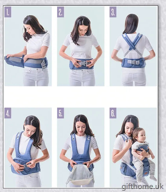 Ergonomic front-facing baby carrier with padded waist strap, lumbar support, and versatile wearing options for comfortable, secure travel with your little one.