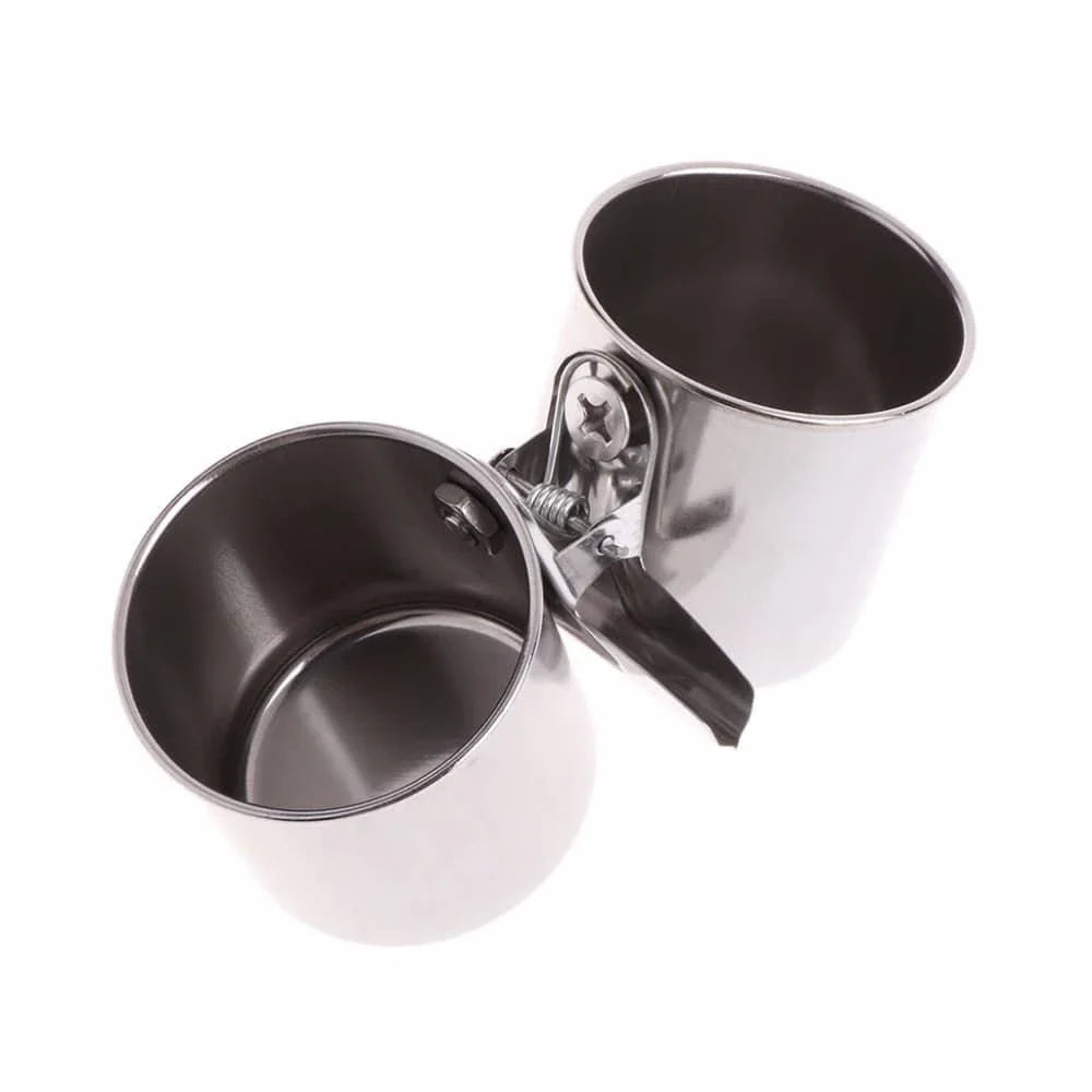 Elegant stainless steel bird feeder with dual cups and secure clip for easy installation in garden or outdoor space