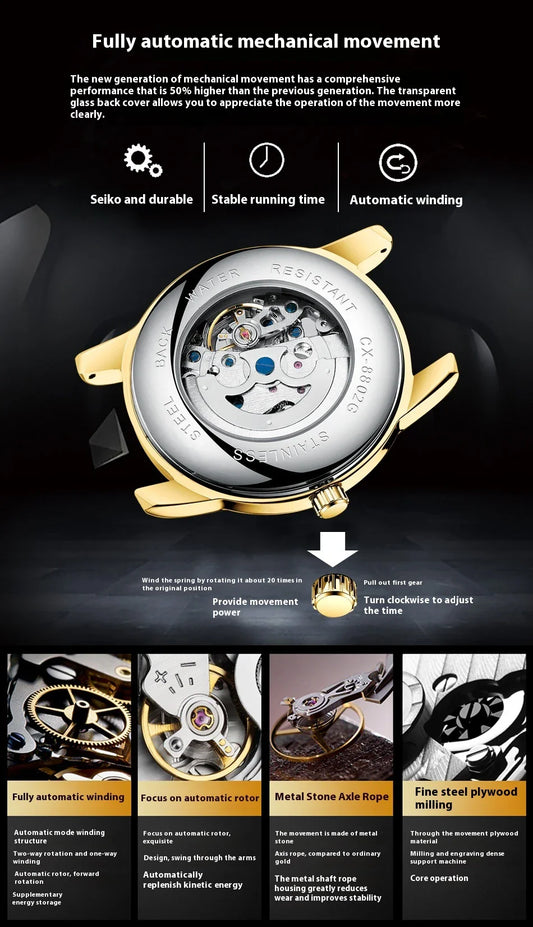 Premium automatic mechanical watch with a waterproof leather strap, featuring a sophisticated and versatile design.