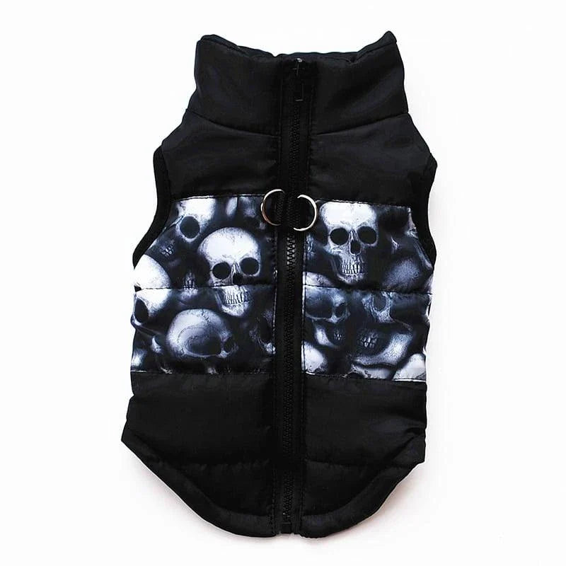 A cosy and stylish winter jacket for pets, featuring vibrant printed patterns and a snug, comfortable fit.