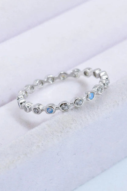 Elegant 925 sterling silver ring with natural moonstone centrepiece and zircon accents