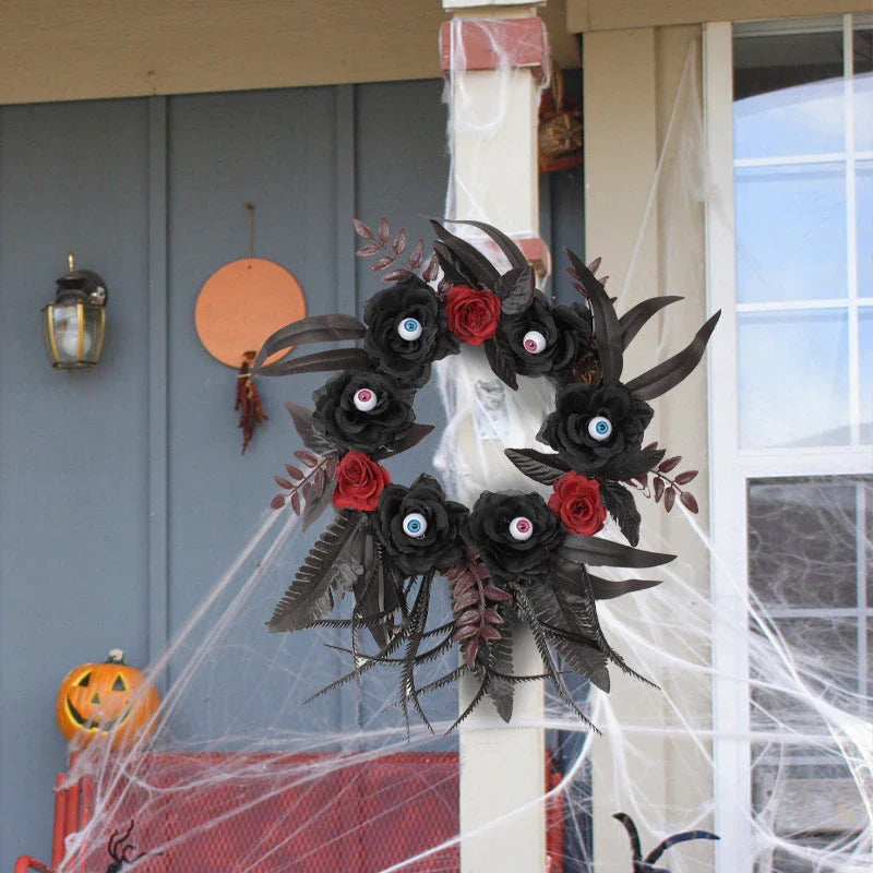 Artificial Halloween rose eyeball garland decoration with lifelike eyeballs and feathery rose blooms