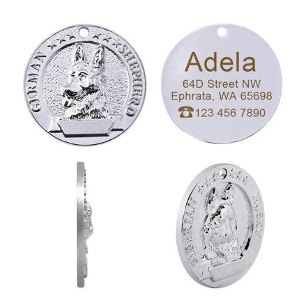 A premium silver dog ID tag with a customized engraved design, providing both style and practical functionality for your beloved canine companion.