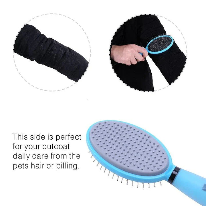 Dual-sided pet grooming and massage brush with soft bristles and metal pins for effective coat care and relaxation