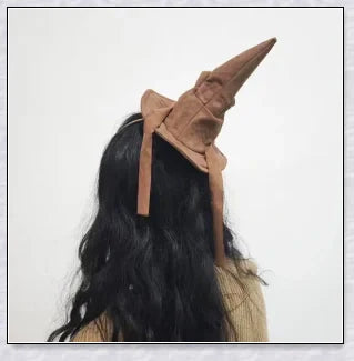Sortband Halloween Witch Hat Headband in red, green, and brown colours with a detachable witch hat design