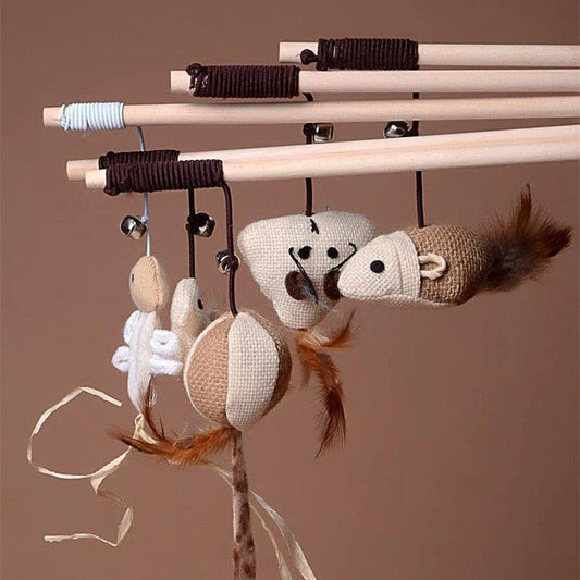 A wooden cat toy with a ball-shaped design, designed to engage cats in playful chasing and swatting activities.