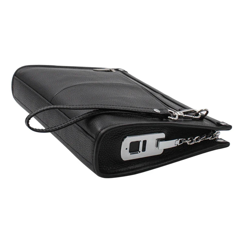 Premium leather handbag with fingerprint lock security in black colour, showcasing a spacious interior and sleek design
