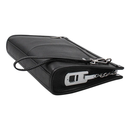Premium leather handbag with fingerprint lock security in black colour, showcasing a spacious interior and sleek design