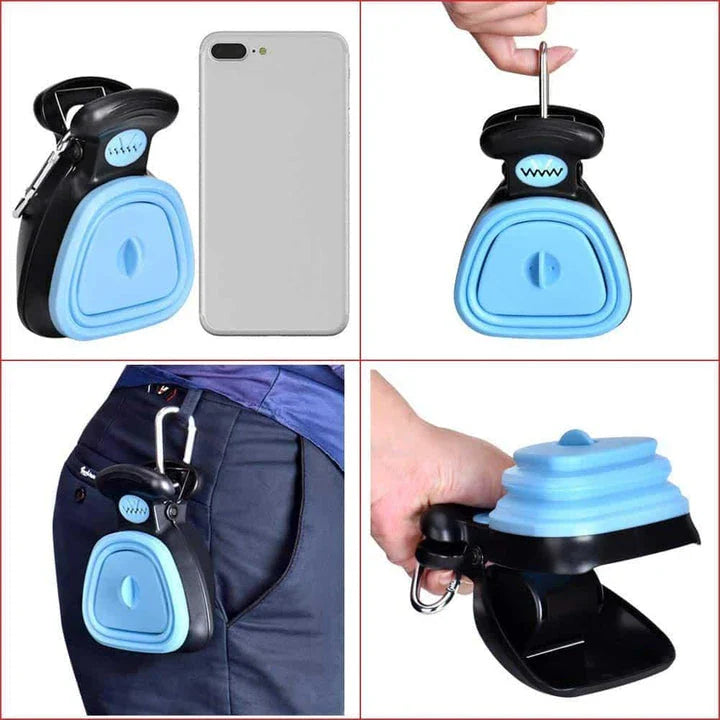 Foldable dog waste scoop with wide, comfortable grip for easy one-handed cleanup on any surface