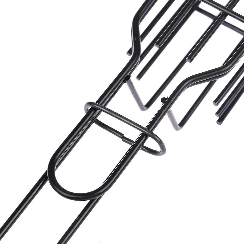 Portable nonstick BBQ grilling basket made of durable steel wire and wood, perfect for outdoor cooking and grilling