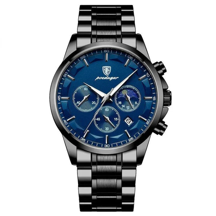 Premium Quartz Chronograph Sports Watch with stainless steel case, luminous hands, and adjustable leather strap
