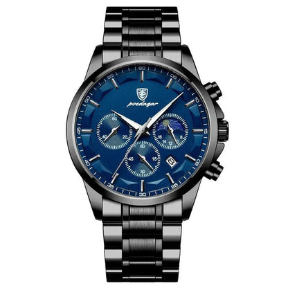 Premium Quartz Chronograph Sports Watch with stainless steel case, luminous hands, and adjustable leather strap
