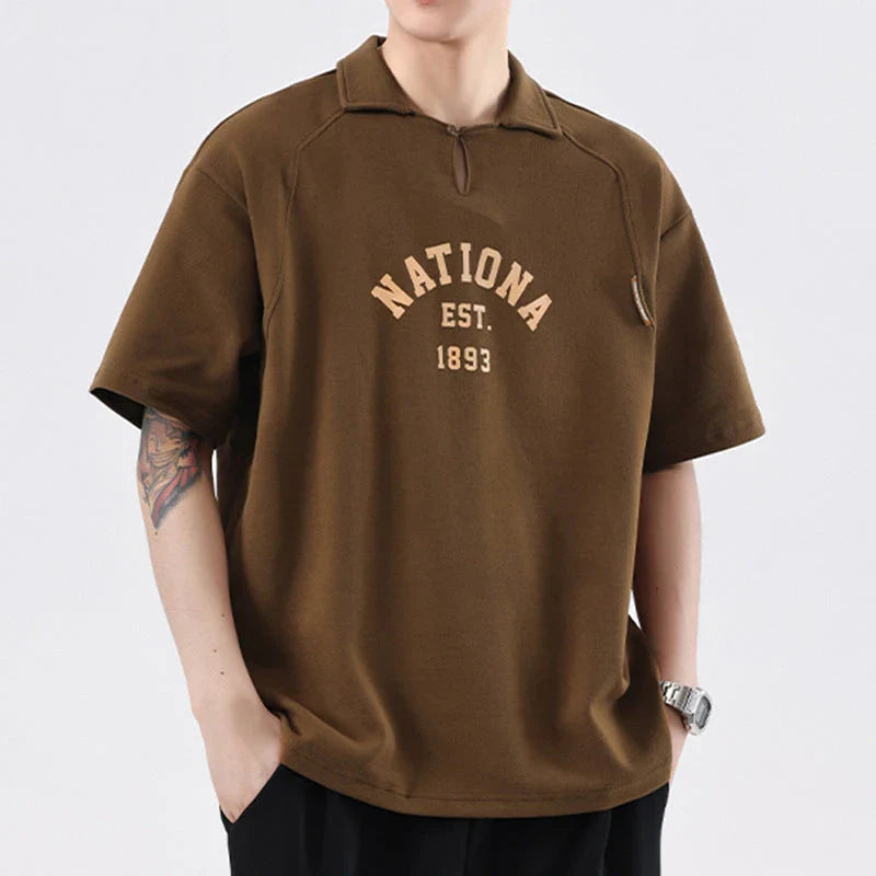Refined cotton blend lapel shirt with half sleeves in a variety of colours, including brown, melange grey, and dark green