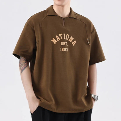 Refined cotton blend lapel shirt with half sleeves in a variety of colours, including brown, melange grey, and dark green