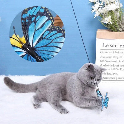 Butterfly-shaped cat toy with vibrant red colour and long rope for engaging feline playtime