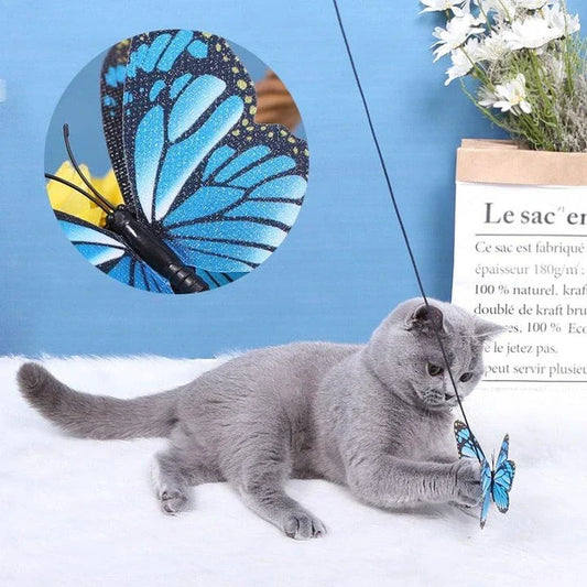 Butterfly-shaped cat toy with vibrant red colour and long rope for engaging feline playtime