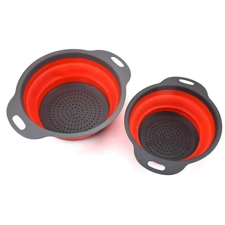 A vibrant, colourful folding colander made with durable food-grade materials for efficient straining and compact storage in the kitchen.