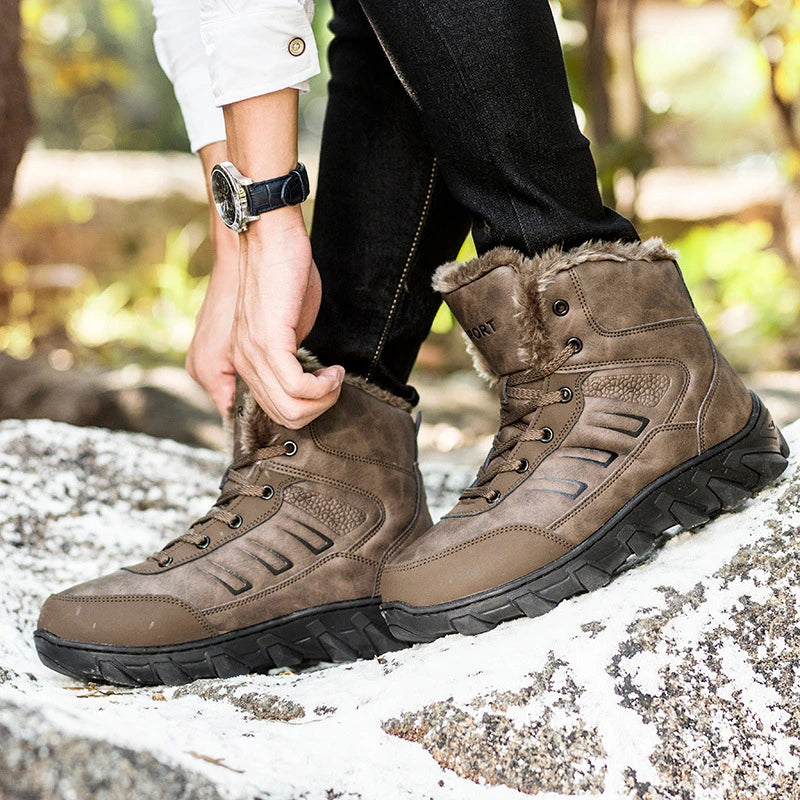 Premium high-top cotton boots for men in black and brown, designed for warmth and style during the UK winter season.