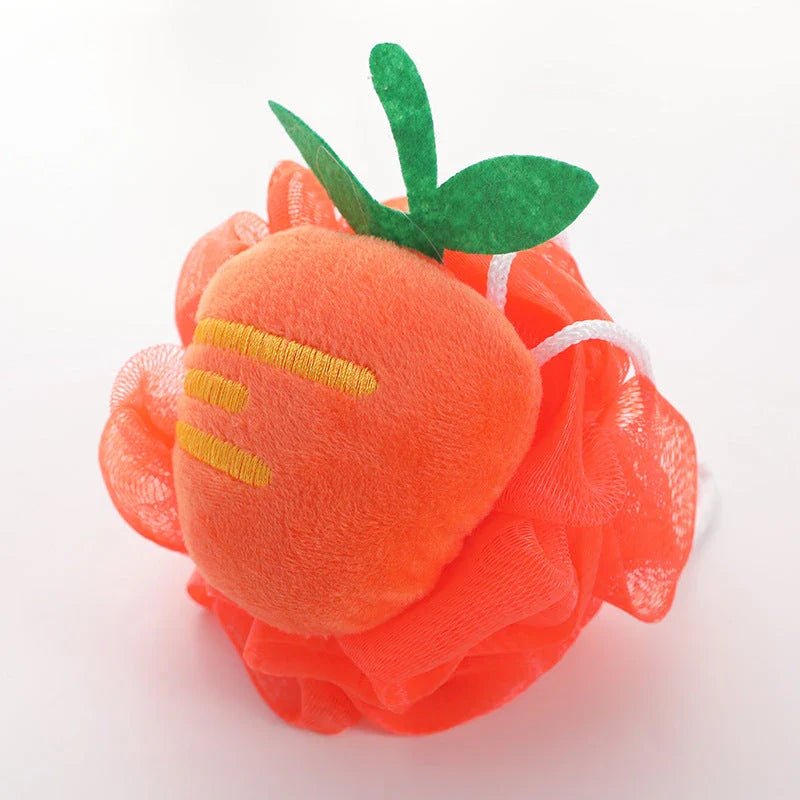 Colourful cartoon fruit-shaped exfoliating shower sponge made from durable nylon mesh