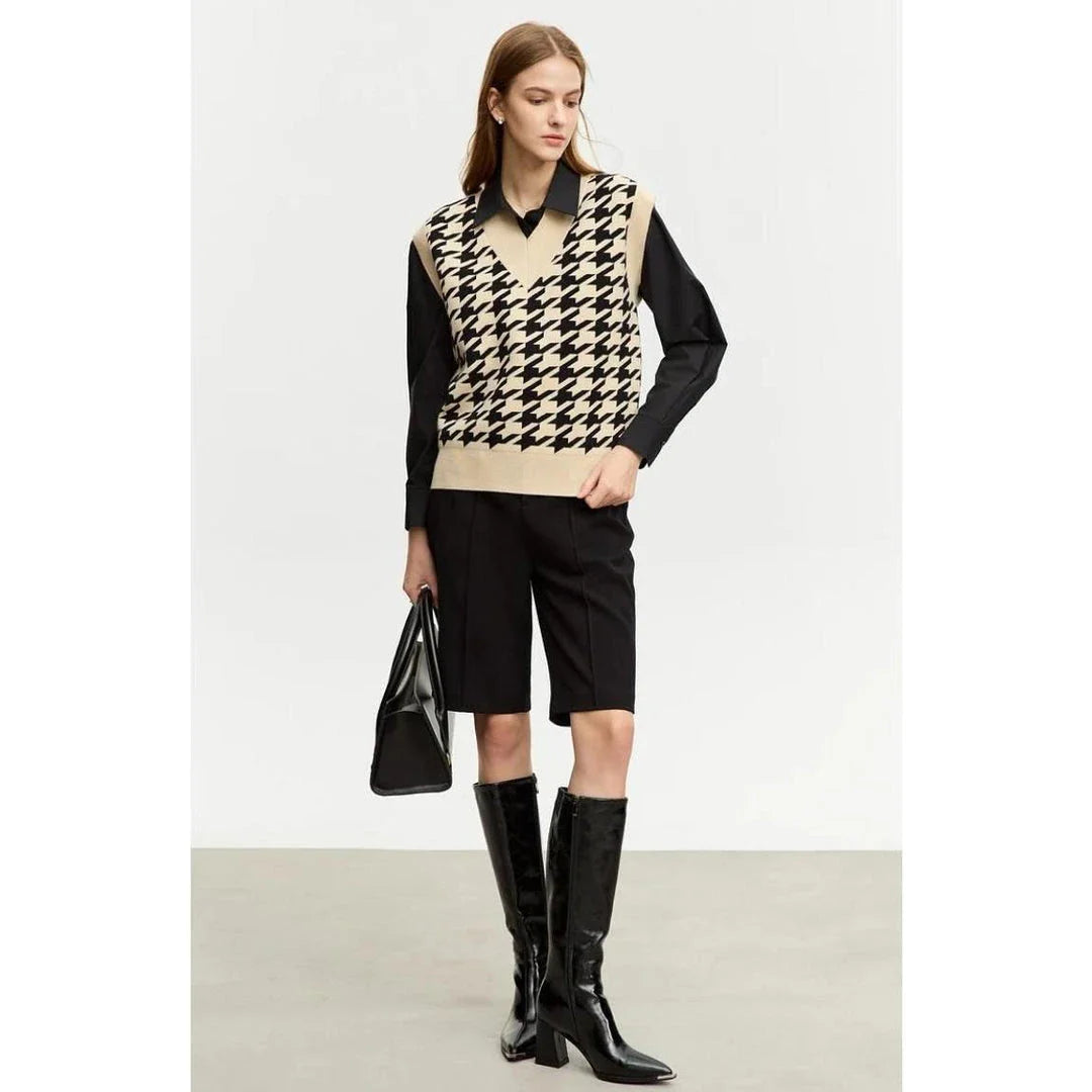 Sophisticated autumn plaid knitted waistcoat with intricate pattern and modern design for the modern British woman