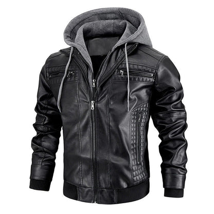 A stylish hooded PU jacket in black, designed for warm winter wear with practical features and a tailored fit.