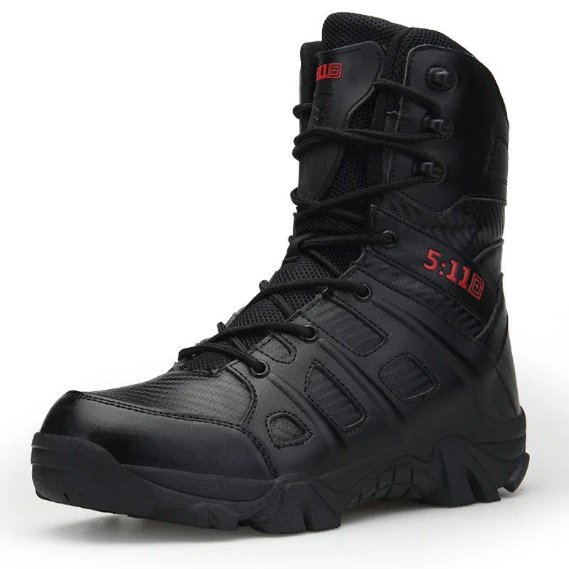 Rugged microfibre leather tactical boots with rubber soles, designed for outdoor adventures and self-defence training