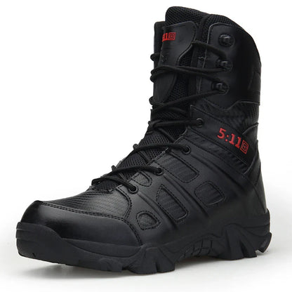 Rugged microfibre leather tactical boots with rubber soles, designed for outdoor adventures and self-defence training