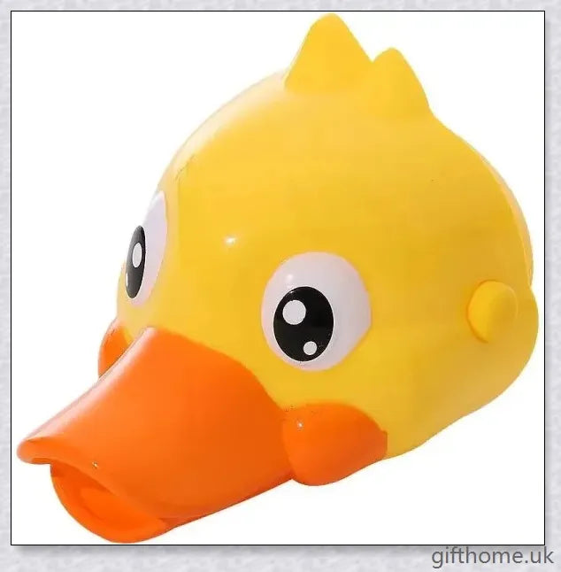 A yellow duck-shaped faucet extender that elevates a child's hand-washing experience at the sink