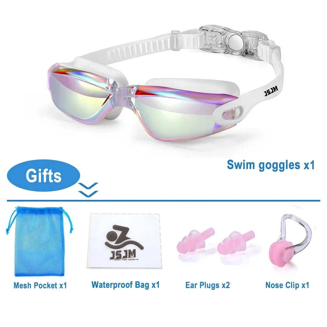 Premium adult swimming goggles with anti-fog lenses, UV protection, and adjustable silicone frame